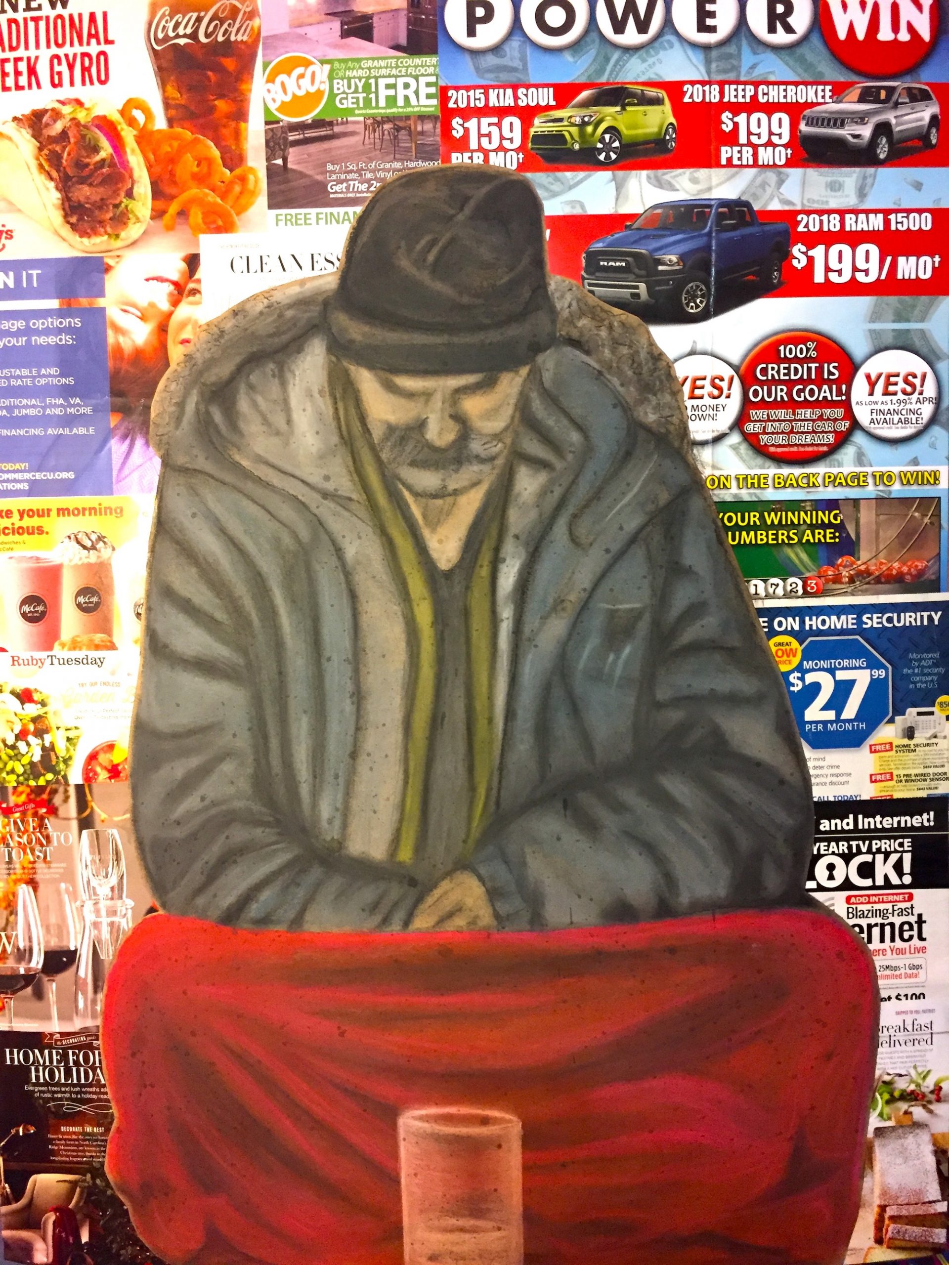 collage, homeless man, drawing