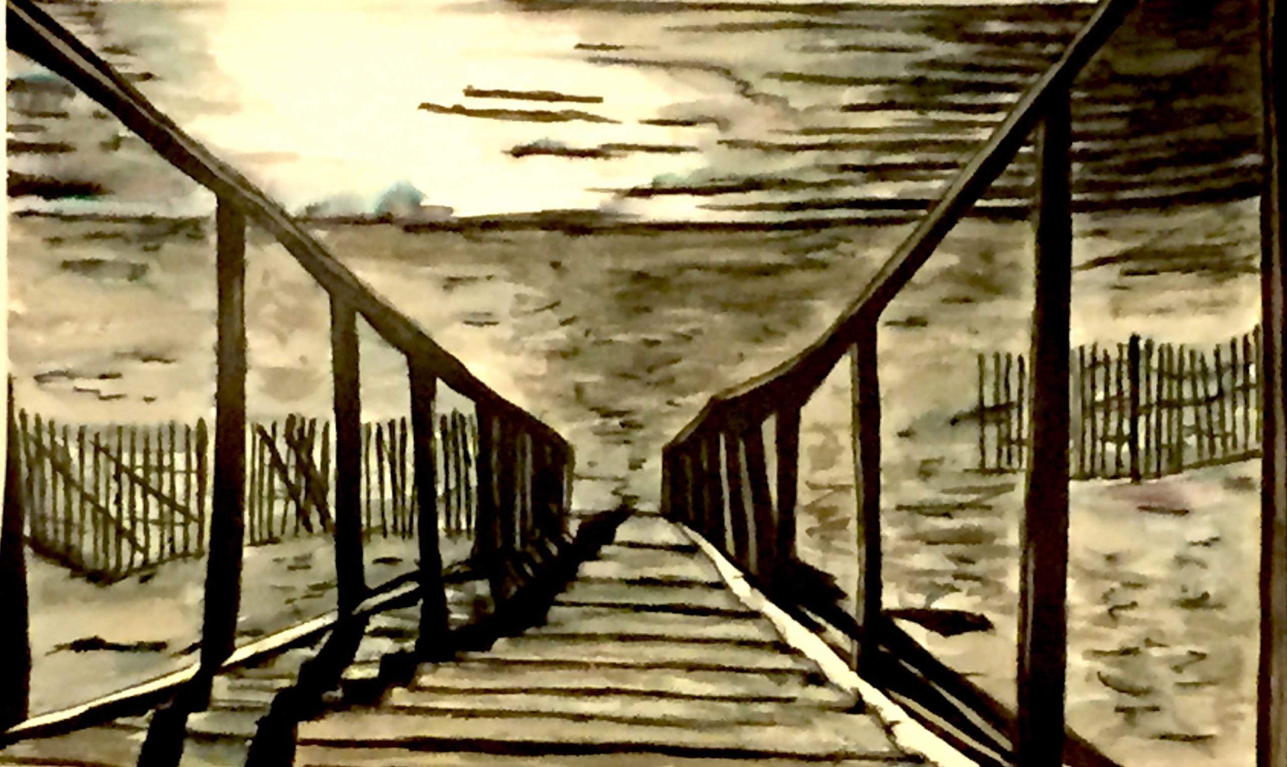 bridge, water, ink, drawing